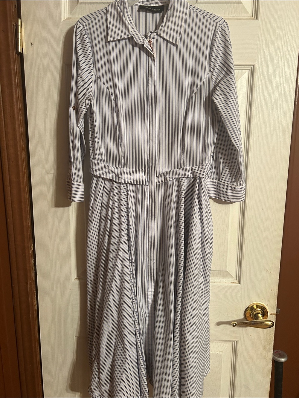 Ivanka Trump Blue and White Striped Long Sleeve Shirtdress